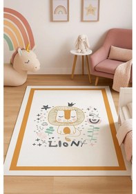 Resim Turuncu Çerçeve Sevimli Aslan Çocuk Odası Halısı Beyaz 