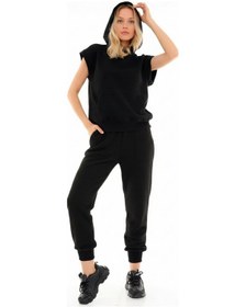 Resim Kapüşonlu Kısa Kol Sweat Cepli Bel Büzgülü Kapitone Eşofman Takım Siyah 