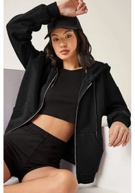 Resim Fermuar Kapüşonlu Sweatshirt Siyah 