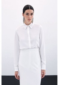 Resim Sateen Payet Detaylı Klasik Gömlek - Ekru 