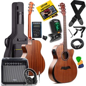 Resim Maxword M450-EQ-AMP Üst Segment Profesyonel Masif Ağaç Amfili Elektro Akustik Gitar Seti 