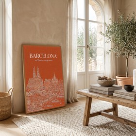 Resim Barcelona Line Art Print - Burnt Orange Sagrada Familia Skyline Wall Art - Wooden Frame - Black / 20 x 28" (50x70 cm) 