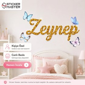Resim Kişiye Özel Kız Çocuk İsimli Kelebekli Duvar Stickeri - 48 inch / 122 cm / Mor 