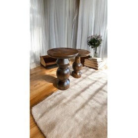 Resim Wood Wooden Ahşap 2'li Set Mantar Yan Sehpa Modern Fiskos / Ceviz Renk / Zigon Sehpa Vernikli 