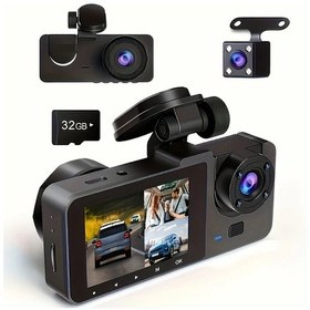 Resim Elmpaly Siyah 3 Kanallı 4k 1080p Dahili Araç Kamerası Ir Gece Görüş 32gb Sd Kart 