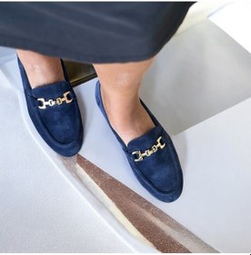 Resim Ne&ve Shoes Lacivert Süet Hakiki Deri Gold Zincir Aksesuarlı Kadın Loafer Ayakkabı 