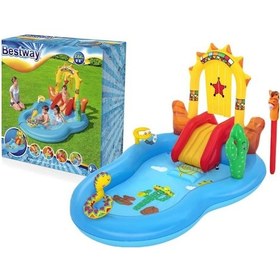Resim 62002 Pompalı- Bestway 53118 Wild West Kaydıraklı Fıskiyeli Aksesuarlı Aquapark Şişme Eğlence Havuzu -264x188x140 Cm Mavi 