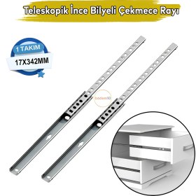 Resim Teleskobik Ince Bilyeli Bilyalı Dolap Çekmece Rayı Sürgüsü Metal En 1.7 cm 17 mm Uzunluk 34.2 cm 342 