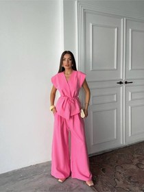 Resim Rawea Yelekli Pantolonlu Bağlamalı Takım - Viskon & Geniş Paça Pembe 