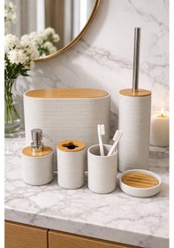 Resim Makri Home 6 Parça Krem Banyo Seti, Bambu Detaylı, 8l Çöp Kovası 24x26x16 Cm 
