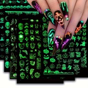 Resim 6 Adet Karanlıkta Parlayan Halloween Tırnak Çıkartması - /Blacklight Reaktif Tırnak Sanatı, Neon Yeşil ve Siyah Parlaklık, Partiler İçin Yeniden Kullanılabilir 3D Işıltılı Dekorlar, Kafatası, Yarasa, Balkabağı, Örümcek ve Cadı Şapkası Tasarımları 