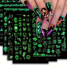 Resim 6 Adet Karanlıkta Parlayan Halloween Tırnak Çıkartması - /Blacklight Reaktif Tırnak Sanatı, Neon Yeşil ve Siyah Parlaklık, Partiler İçin Yeniden Kullanılabilir 3D Işıltılı Dekorlar, Kafatası, Yarasa, Balkabağı, Örümcek ve Cadı Şapkası Tasarımları 