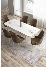 Resim Canisa Tia Serisi 80x132 Açılabilir Mdf Mutfak Masası Takımı Beyaz Masa Gold Detay 6 Kahverengi Sandalye Masa Beyaz Sandalye Kahve 