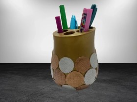 Resim 2 Adet Kalemlik Altın Puanlı Poliresin Ofis Gereci 9x9x10cm Çok Renkli 