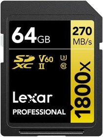 Resim Lexar SDXC Professional 64GB 1800x UHS-II Altın Serisi, Sınıf 10, U3, V60, 4K Video Kaydı için, Siyah 