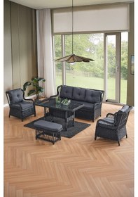 Resim Paris Rattan Puflu Bahçe Balkon Takımı 3+1+1 Cam Masalı Antrasit 