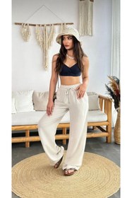 Resim jsshop collection HAWAİİ Kadın Keten Beli Lastik Bağlamalı Yüksek Bel Geniş Kesim Cepli Yazlık Pantolon 