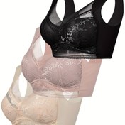 Resim 3-Pack Floral Lace Push-Up Bras, Tam Kapsama Kablosuz Spor Bras, Nefes Alabilir Poliamid ve Elastan, Yetişkin Tarzı, Çıkarılamayan Dolgular, Örgü Kumaş, 100gsm, Kadınlar İçin - Rahat Uygun Yoga ve Aktif Giyim 