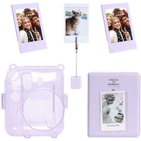 Resim Instax Mini 12 Simli Şeffaf Lila Kılıf PVC 64'lü Albüm ve Fotoğraf Çerçeveleri Aksesuar Seti 