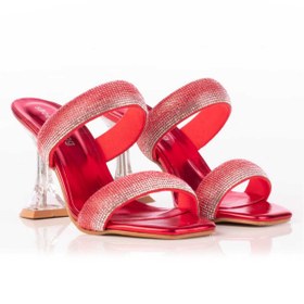 Resim shoeSSpring Cristallo Kırmızı Taşlı Şeffaf Kadeh Topuklu Terlik 