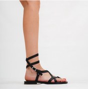 Resim DaphneSandals Hakiki Deri Kadın Siyah Bodrum Sandaleti - Kkk4012 