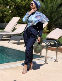 Resim ns tasa Pelerin Model Blue Garden Desen Tasarım Tesettür Tulum Mayo 