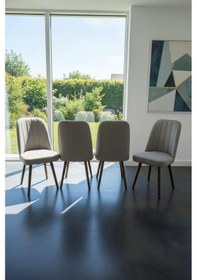 Resim Nora 4 Adet Sandalye - Keten Kumaşlı Sandalye Modern Ahşap Ayaklı Yemek & Çalışma Sandalyesi Minimal Tasarım Krem 