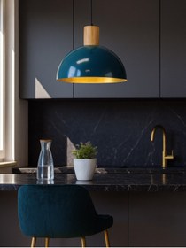 Resim NOONLUX DESIGN&LIGHTING Yonge Tekli Sarkıt Okyanus Mavi Ahşap Detay E27 duy Ev Cafe Bar Oturma odası Yemek Masası Antre 