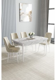 Resim Jusie Beyaz Mermer Desen 80x132 Açılabilir Yemek Odası Takımı 4 Adet Sandalye Krem 