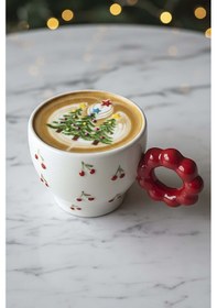 Resim Rivaistanbul Kiraz Amore El Yapımı Yılbaşı Hediyesi Seramik Double Kahve Fincanı, Mug, Kupa Kırmızı 