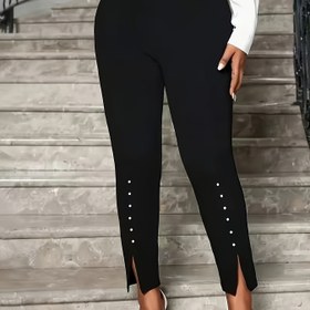 Resim Kadınlar İçin Şık İnci Detaylı Yan Yırtmaçlı Capri Pantolon - Yüksek Esneklikte Siyah Karın Kontrollü Tayt, Makinede Yıkanabilir & Her Mevsim Kullanıma Uygun, Yüksek Bel, Günlük ve Resmi Etkinlikler için Çok Amaçlı, Kaliteli Kumaş 