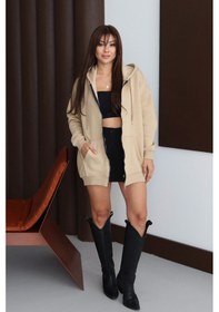 Resim Balenbi Kadın 3 İplik İçi Polarlı Kapüşonlu 75cm Oversize Sweat Hırka 1129 Bej 