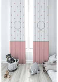 Resim Mekta Home Bebek Ve Çocuk Odası Çelenk Ve Yıldız Desenli Pembe Gri Çerçeveli 2 Kanat Fon Perde 