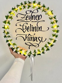 Resim ZEYMERADE Beyaz Ledli Şeffaf Gelin Tefi 32cm Cipsolu Saten Kurdele Düğün Kına Nedime Bride Parti Defi 