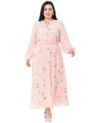 Resim Büyük Beden Beli Ve Kol Ağzı Lastikli Kuşaklı Şifon Astarlı Uzun Pembe Elbise-pembe Pembe 