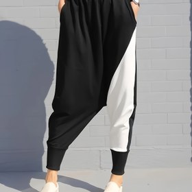 Resim Kadınlar için Şık Siyah ve Beyaz Renk Bloğu Jogger Pantolonu - Polyester Karışımı, Elastik Bel Bandı, Yan Cep Detayları, Her Mevsim Rahatlık, Günlük Giyim 