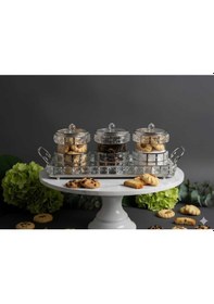 Resim Çnr Home Collection Gümüş Lüx Taşli Tepsili 3 'lü Baharatlik - Şekerlik - Sunumluk Gümüş 