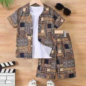 Resim Erkek Çocuklar İçin Moda Baskılı Düğmeli Gömlek ve Şort Takımı (2 Parça), Dış Mekan Kullanımına Uygun 
