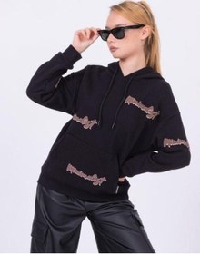 Resim Kız Çocuk Kapüşonlu Punch İşlemeli Şardonlu Kapüşonlu Sweatshirt-13457-siyah Siyah 