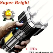 Resim 1 adet LED El Feneri, COB Yan Işıklı Güçlü 4 LED El Feneri, 4 Modlu USB Şarj Edilebilir LED Meşale, Su Geçirmez Dahili Pil El Feneri, Kamp Aracı 