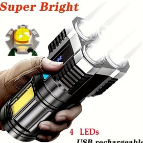 Resim 1 adet LED El Feneri, COB Yan Işıklı Güçlü 4 LED El Feneri, 4 Modlu USB Şarj Edilebilir LED Meşale, Su Geçirmez Dahili Pil El Feneri, Kamp Aracı 