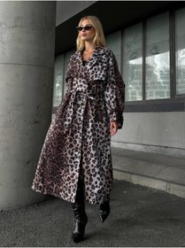 Resim MAESTRO WOMAN Kadın Leopar Desenli Kuşaklı Uzun Trençkot 