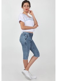 Resim Kadın Düz Çizgili Capri DüzÇizgili Mavi 