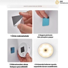 Resim Sge Teknoloji 16 LED 2 RENK 5 MODLU BEYAZ VE GÜN IŞIĞI Hareket Sensörlü type-c şarjlı Led Lamba Koridor Dolap İçi. 