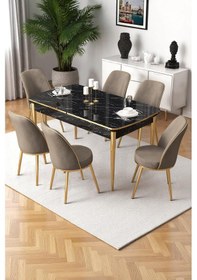 Resim Canisa Nira Serisi 70x114 Mdf Siyah Mermer Desen Mutfak Masa Takımı 6 Cappucino Sandalye Gold Detay Masa Siyah Mermer Sandalye Cappucino Ayaklar Gold 