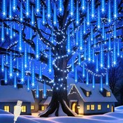 Resim 192LED Meteor Yağmuru Noel Işıkları, USB Düşen Buz Sisi Dizisi Işıklar, 8 Işık Şeridi, LED Manzara Aydınlatma Işıkları, IPX4 Meteor Yağmuru Ağaç Bahçe Avluları için Dış Mekan Dekorasyon ve Düğün Partileri 