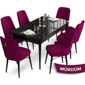 Resim Canisa Concept Taç Serisi 80 x 132 cm Açılabilir Siyah Mermer Desen Masa Takımı 6 Sandalye Gold Halkalı 