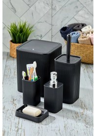 Resim Line 5 Parça Kare Banyo Seti - Çöp Kovası Wc Fırçası Sıvı-katı Sabunluk Diş Fırçası Siyah 