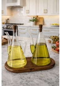 Resim Morponi Akasya Stantlı Borosilikat Cam Akasya Kapak Glazzy Yağlık Seti 500 Ml + 500 Ml Düz Şeffaf 
