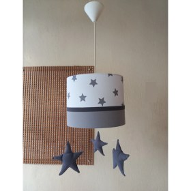 Resim Onay M-354 Beyaz Yıldızlı Gri Kumaş Kaplama Çocuk Odası ve Genç Odası Avize Aydınlatma Sarkıt 